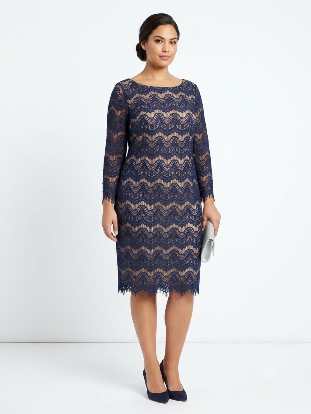 Jessica Howard Navy Lace Long Sleeve Sheath Dress Size 18W EUC P2P 22in